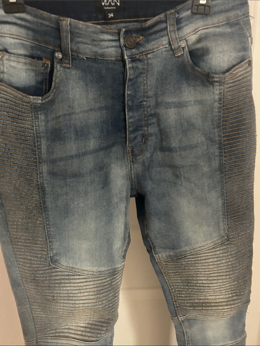 Light Blue Skinny Biker Jeans with Ribbed Panels